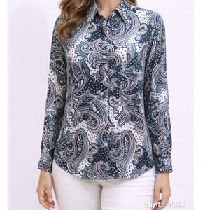 Tommy Hilfiger Button Up Shirt Womens XL Blue Multicolor Paisley Cotton Blouse